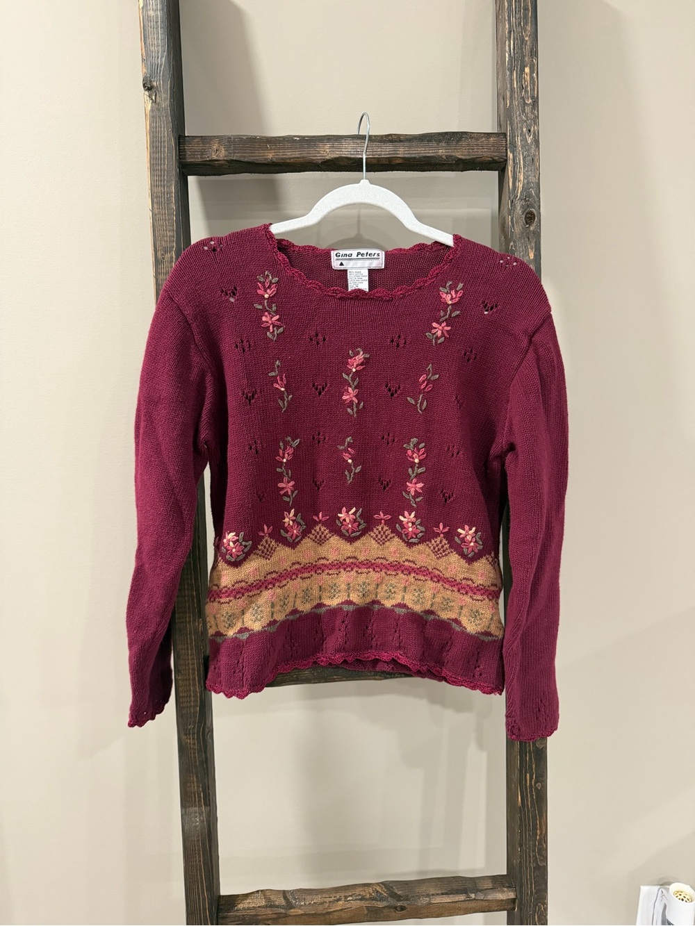 Vintage Gina Peters Maroon Delicate Embroidered Floral Sweater